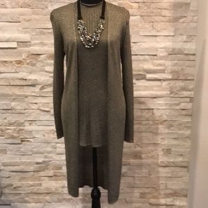 Chico’s lurex ribbed 2pc sweater set. Open front cardi w/sless mock nk. (Sz 1)